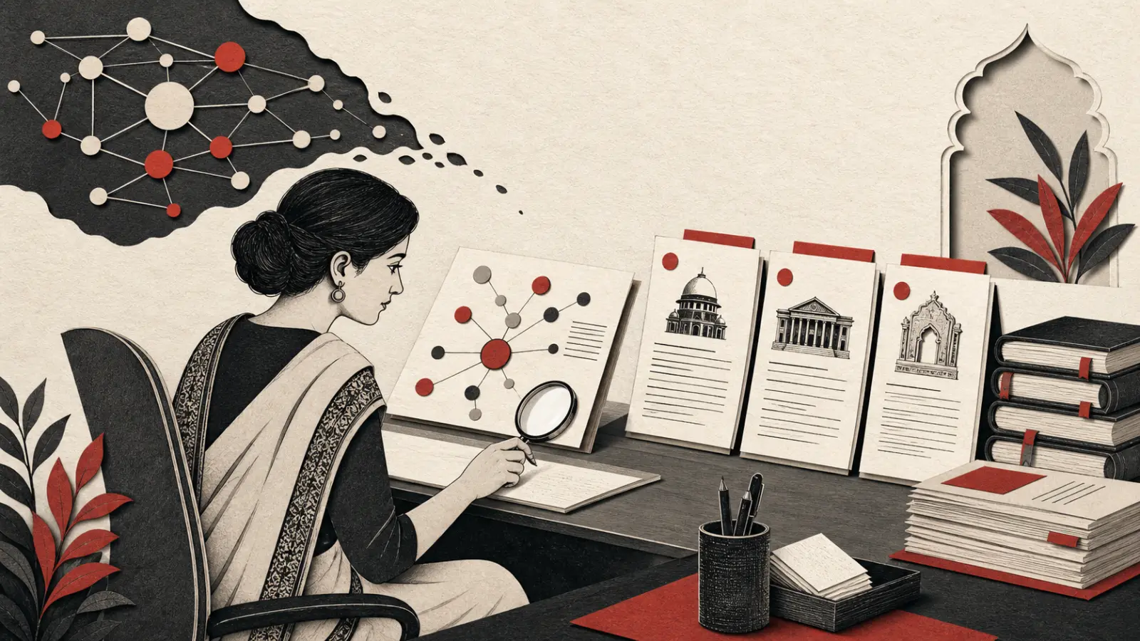 Indian legal researcher reviewing AI-assisted case law results and source citations
