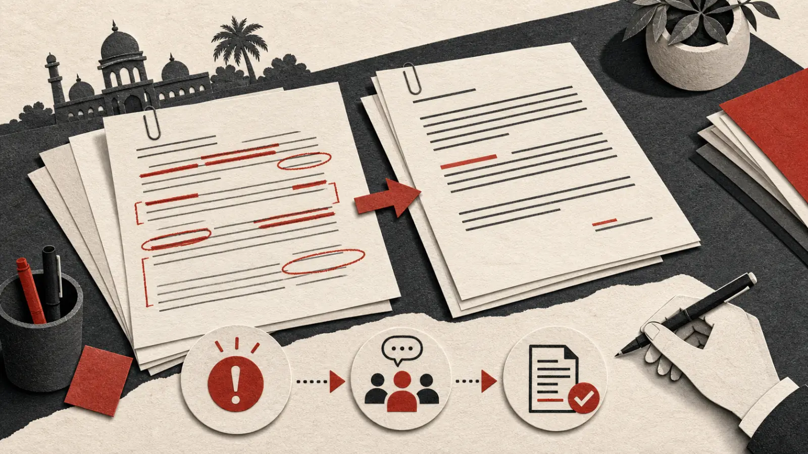 Lawyers following a controlled contract redlining workflow with tracked changes and approvals