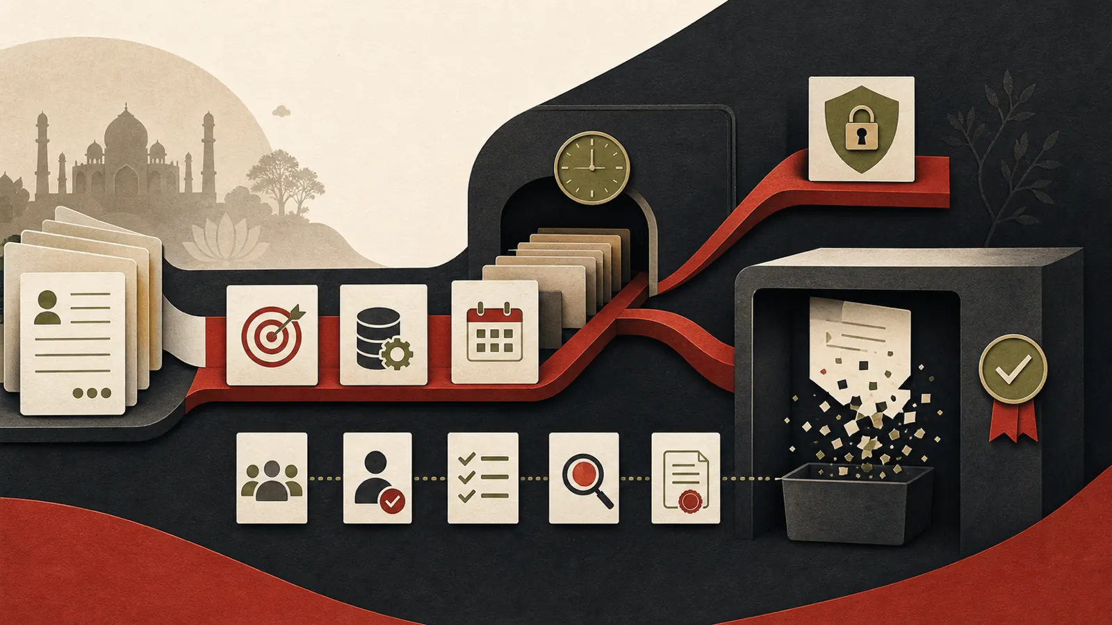Editorial illustration of records moving through retention, legal-hold and verified deletion paths