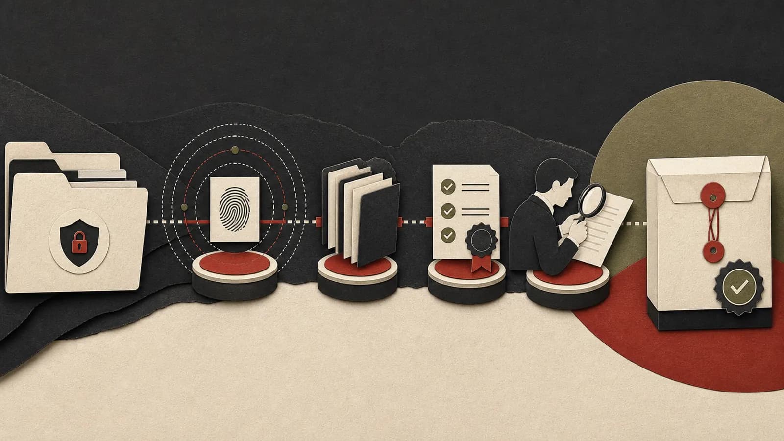 Editorial illustration of electronic evidence passing through a protected chain of custody