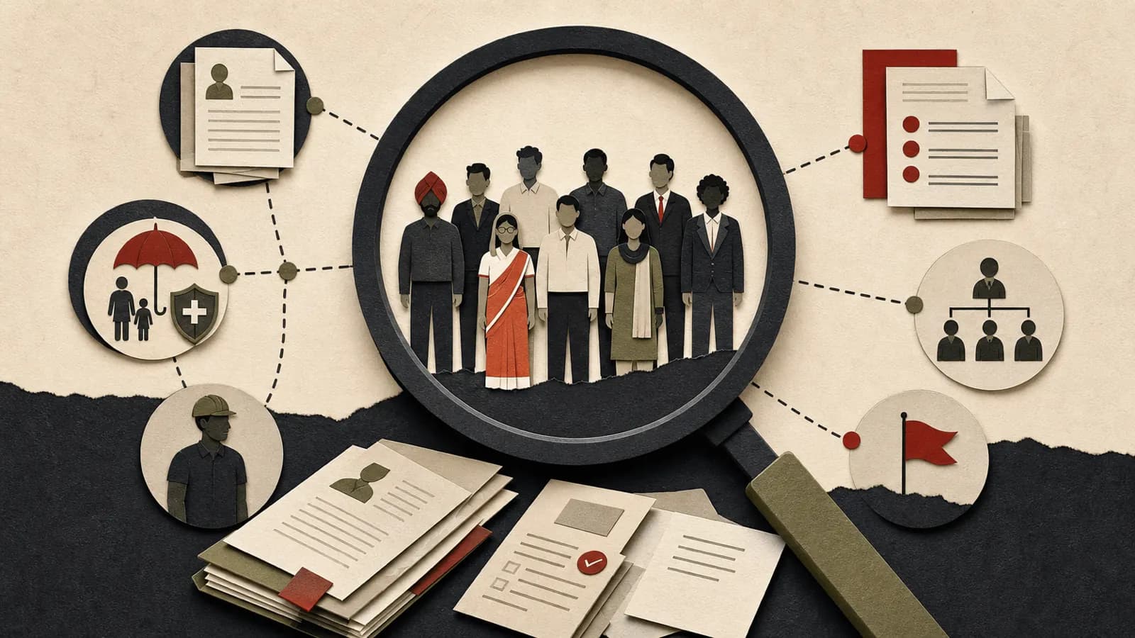 Editorial illustration of an Indian workforce examined through employment diligence records