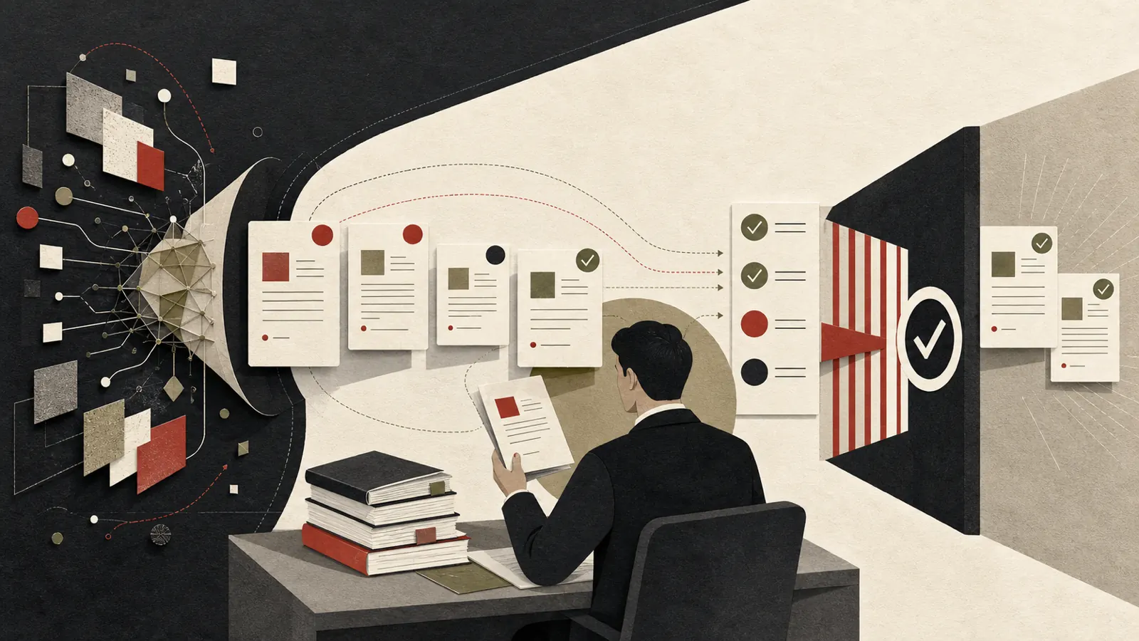 Editorial illustration of a reviewer testing AI results against verified legal sources
