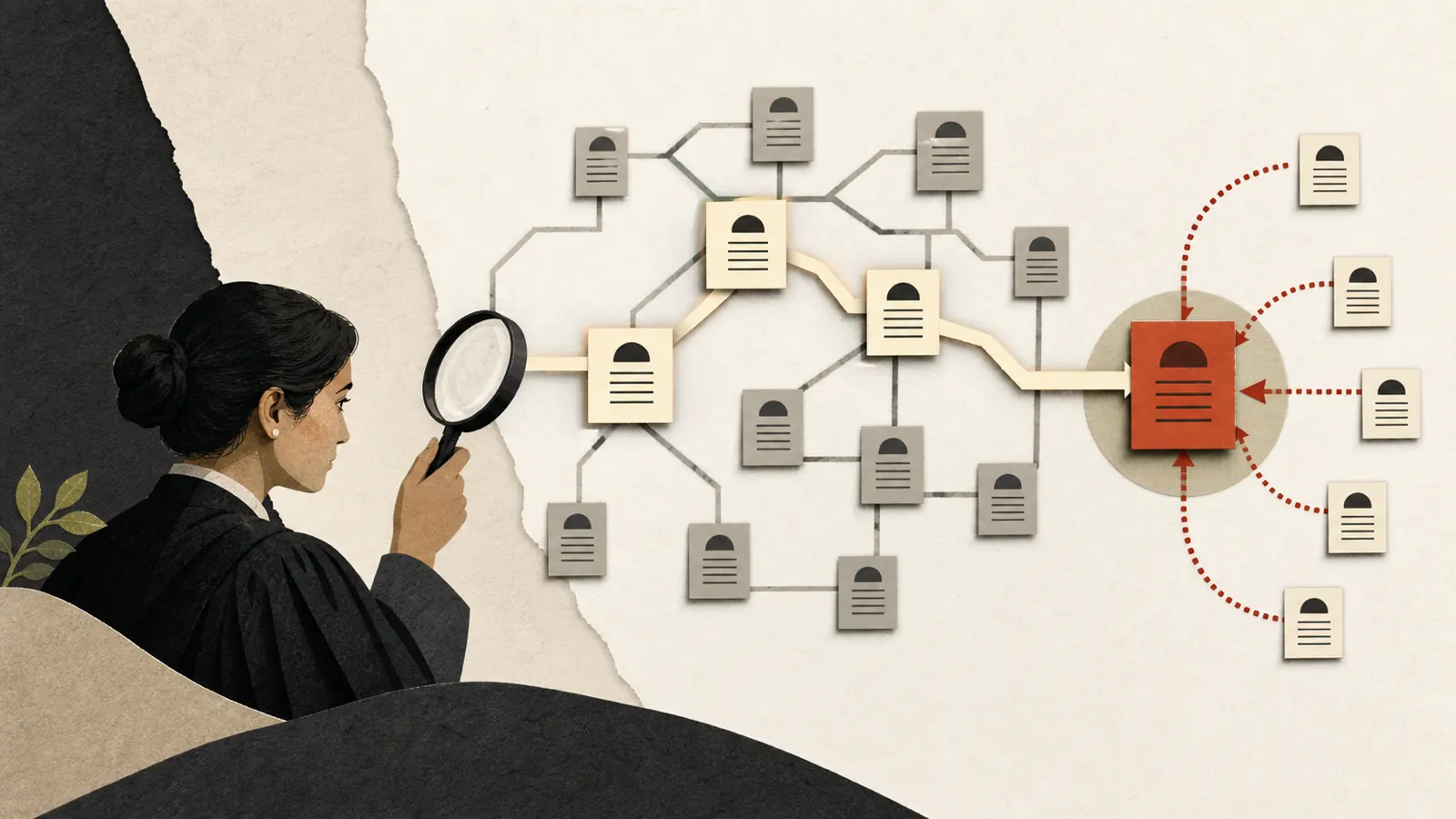 Editorial illustration of an Indian researcher tracing a controlling precedent path