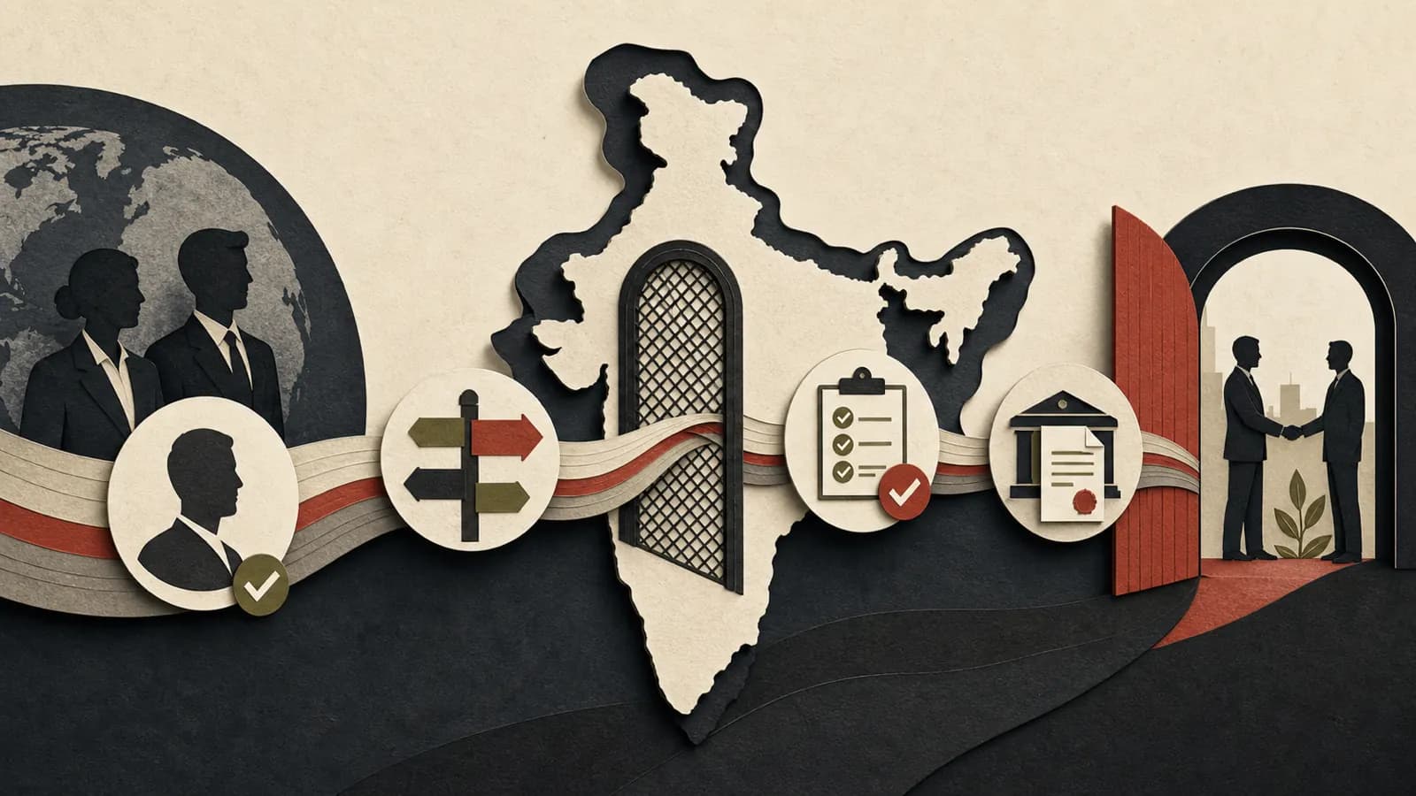 Editorial illustration of cross-border investment passing through Indian regulatory checks
