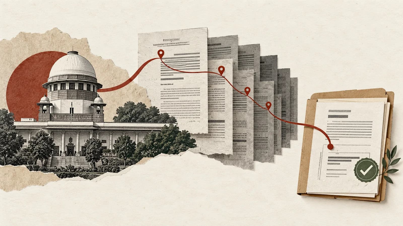 Indian court judgment pages connected to a reviewed matter folder through marked source passages