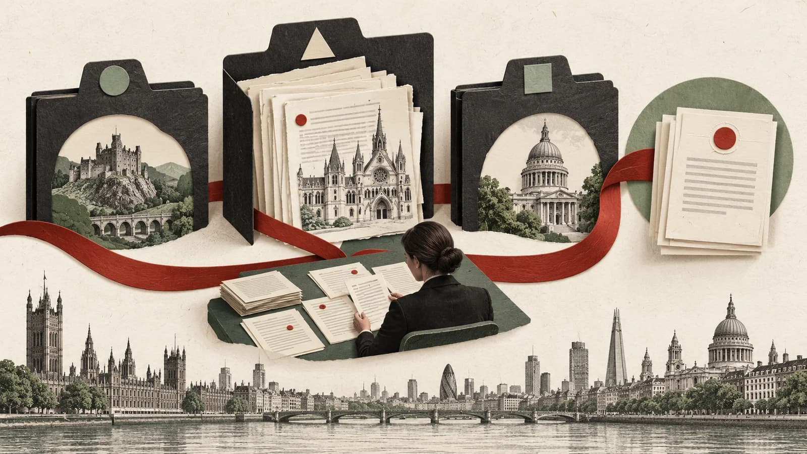 Separate jurisdiction folders with marked judgment passages leading to a solicitor's reviewed memorandum