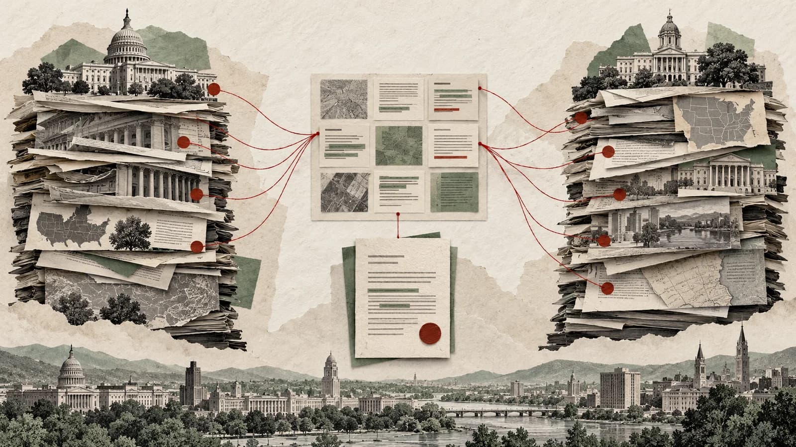 Two branching stacks of legal sources converging into a reviewed document grid and approved memorandum