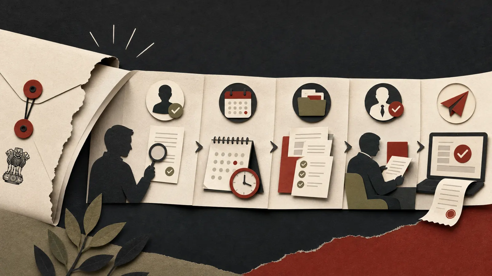 Editorial illustration of an Indian tax notice moving through an organized response workflow