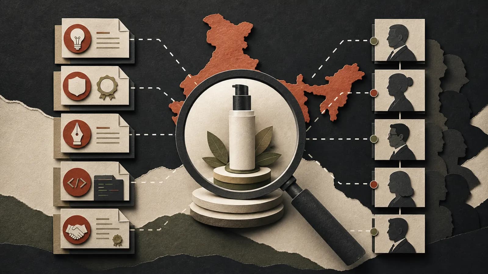 Editorial illustration connecting intellectual property assets to an Indian acquisition target