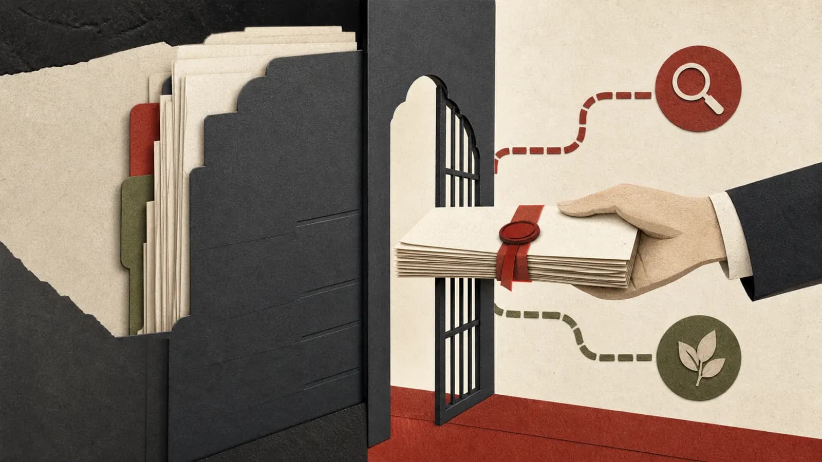 Editorial illustration of additional evidence passing through a controlled tribunal gate