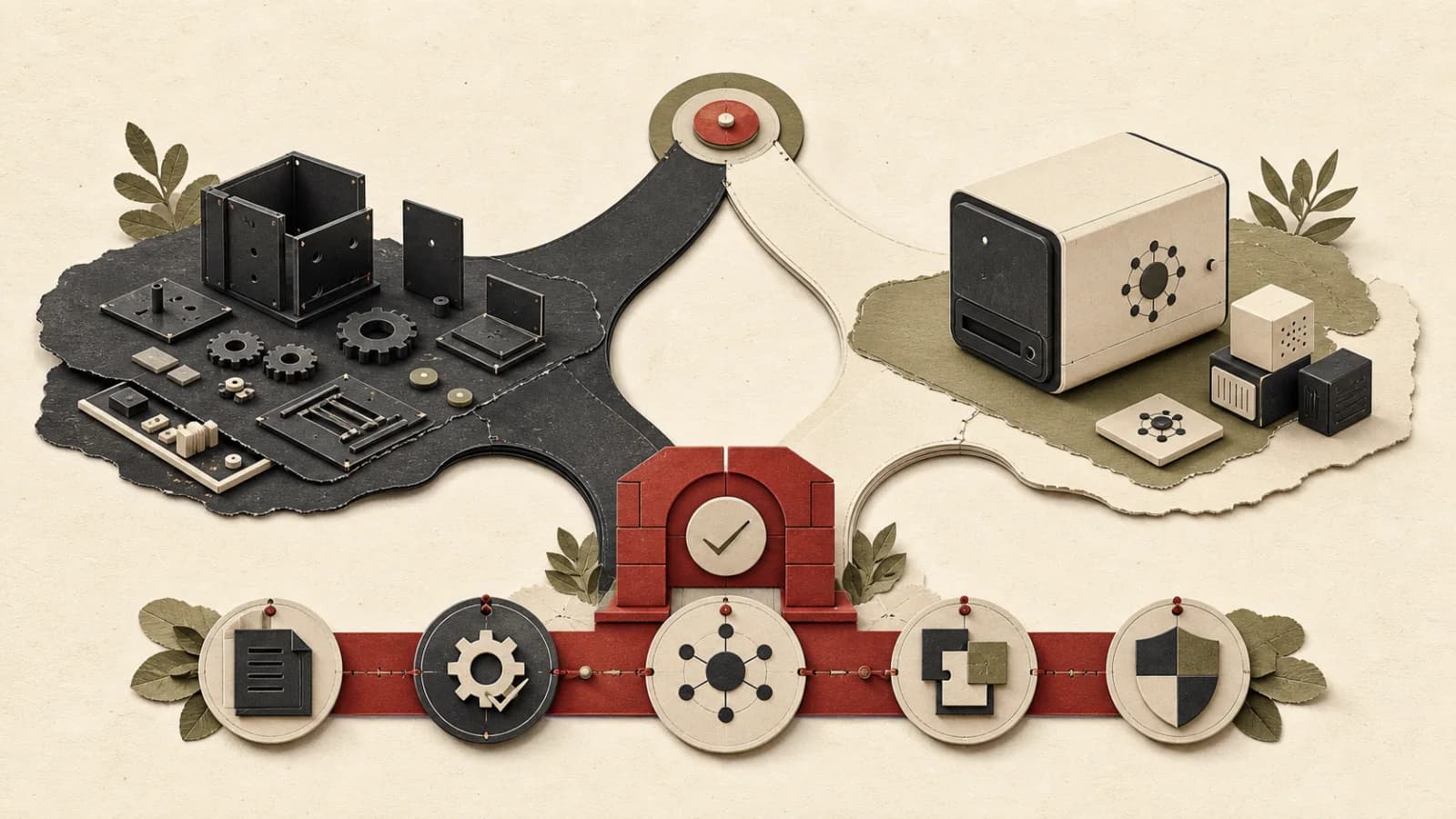 Cut-paper decision path comparing modular legal AI construction with a complete configurable platform and shared control gates