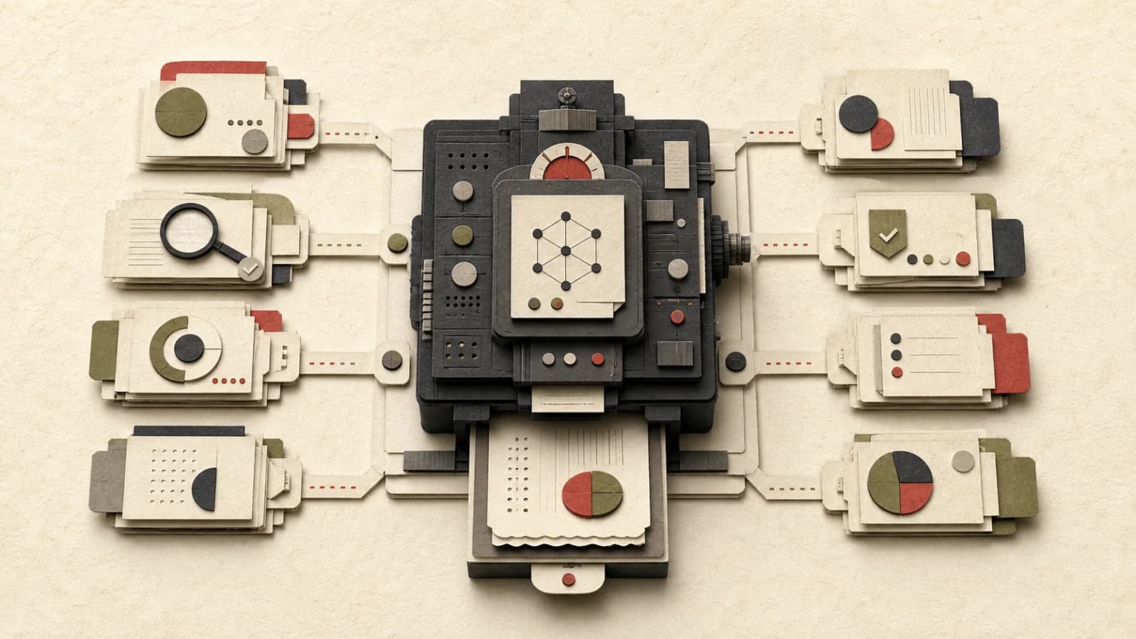 Layered cut-paper ledger connecting legal AI licences, implementation, governance, review, integration and exit costs