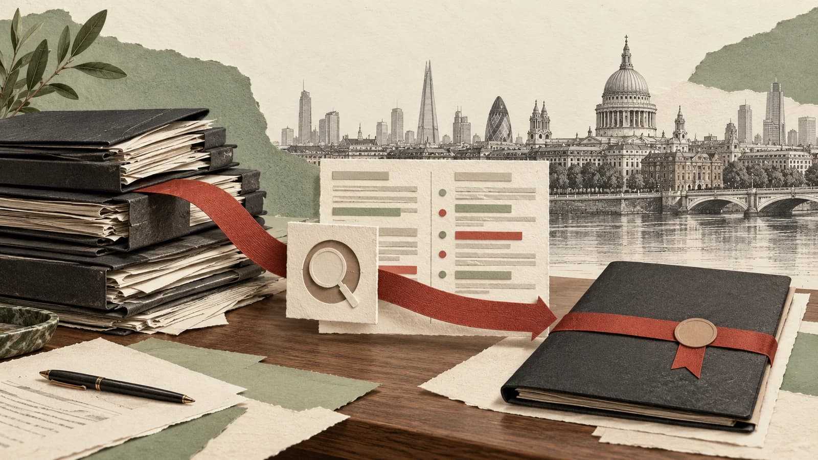 UK agreement folders and a clause comparison matrix passing through a solicitor review checkpoint to client delivery