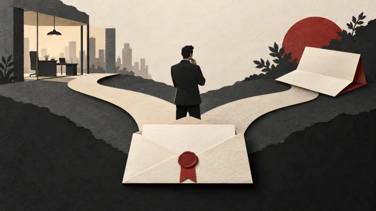An accepted offer envelope beside paths toward an office and a withdrawal letter.