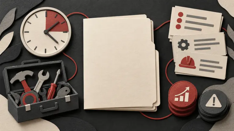 A balanced array of paper work-hour clock, tool case, instruction cards and profit-risk tokens around one blank contract folder, emphasizing the whole relationship rather than a label.