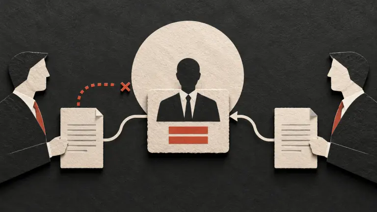 Two parties connected equally to an independent arbitrator, with a one-sided appointment path stopped.