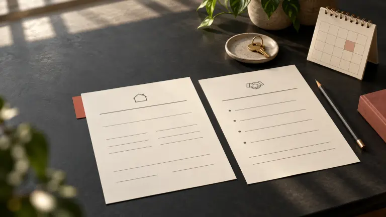 Two separate move-out and payment papers beside a house key and calendar.