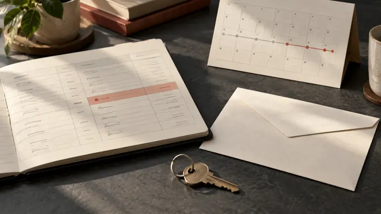 A fictional rent ledger, unmarked notice envelope, house key, and calendar timeline.