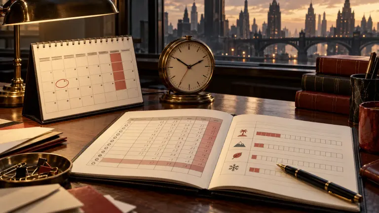 Fictional year-end calendar, weekly-hours ledger, vacation record, and clock.