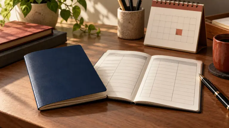 A blank work ledger and calendar arranged on a desk for reviewing employment records.