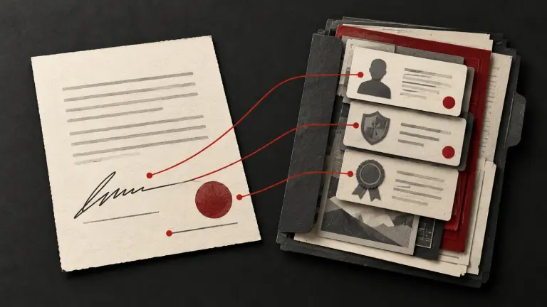 A signed-looking ivory document sits beside a deeper packet containing identity, authority and integrity tokens