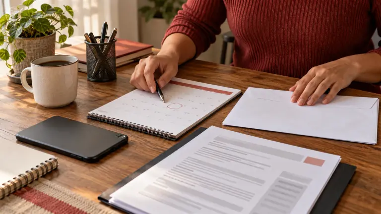 A calendar, blank employment record and unopened envelope arranged for tracking missing dismissal documents.