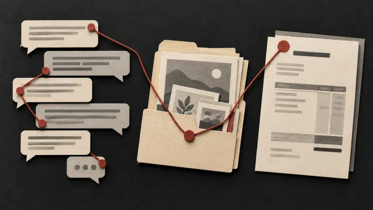 Ivory message bubbles, a small delivered-work folder and invoice assemble into a coherent debt evidence packet, joined by brick-red thread with complete conversation context retained.
