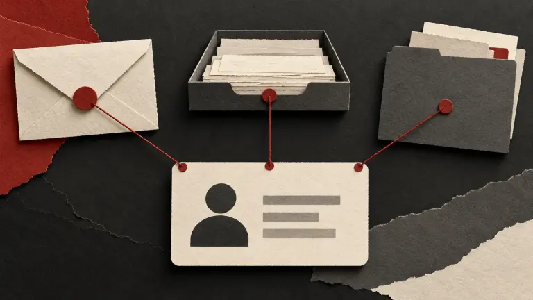 A private ivory contact card is connected backward through red threads to a source envelope, purpose tray and sharing folder, like a careful origin inquiry with no human identity displayed.