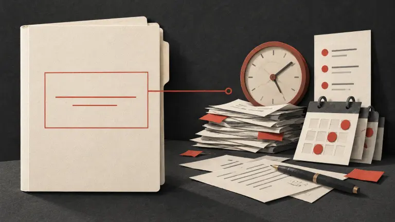 A blank service contract folder stands beside the reality of a paper desk, fixed clock, instructions and recurring payment tokens