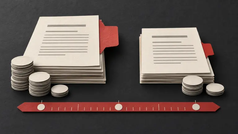 Two ivory contract leaves have differently sized exit tabs and unequal stacks of paper fee tokens