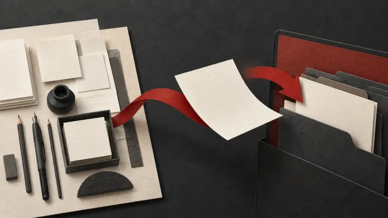 A reusable ivory script toolkit stays on one work mat while a commissioned deliverable travels to another portfolio through a red permission ribbon