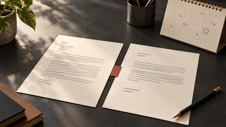 Separate resignation and employer-response papers beside a calendar and pencil.