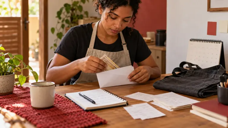 A worker organizing cash and income notes beside a blank calendar and notebook.