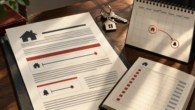 Fictional fixed-term lease, keys, rent ledger, and calendar comparing a lease end with a later notice date.