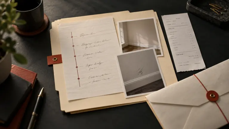 A fictional rental-deposit evidence file with a dated timeline, move-out photos, a generic receipt, and an envelope arranged on a charcoal desk.