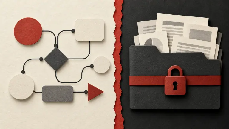 An ivory workflow blueprint separates reusable abstract connecting shapes from a locked charcoal folder of employer-specific documents