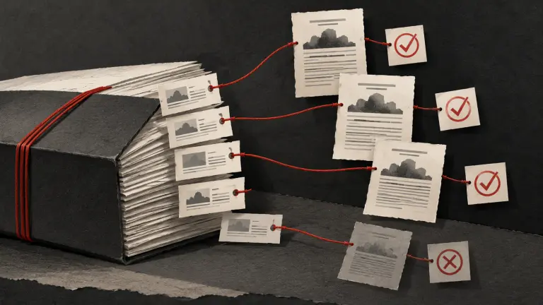 A filing bundle whose case-reference tiles connect to original judgments and a verification record.