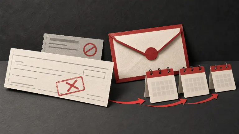 A returned cheque, bank slip, notice envelope and successive calendars showing separate deadlines.