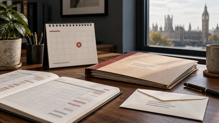 A calendar marked with a pause symbol beside an employment folder, wage ledger and envelope.