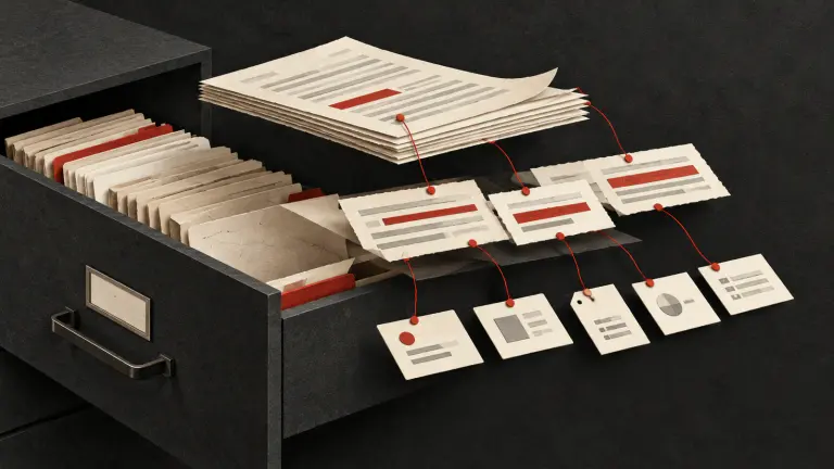 Contract documents, clause extracts and metadata cards connected to their source archive.