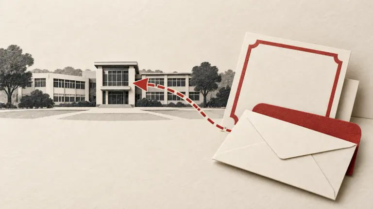 An unmarked school building, blank certificate and envelope illustrating a school transfer request without depicting children