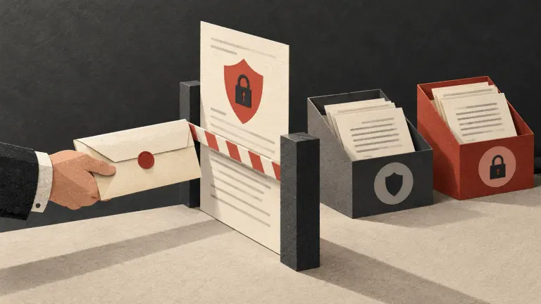 A salary envelope at a gate formed by a confidentiality agreement, with separate document files.