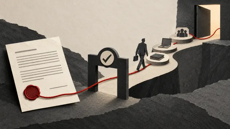 An employment letter linked to training steps, a review gate and an exit path.