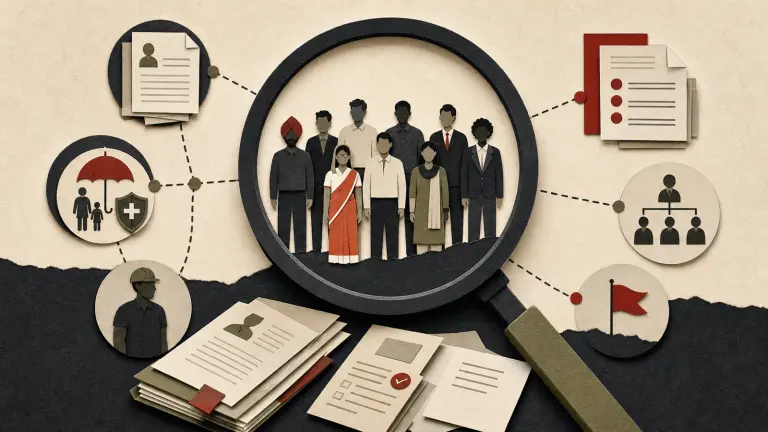 Editorial illustration of an Indian workforce examined through employment diligence records