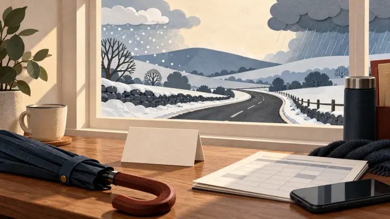 A snowy road seen through a window beside a folded umbrella and blank work rota.