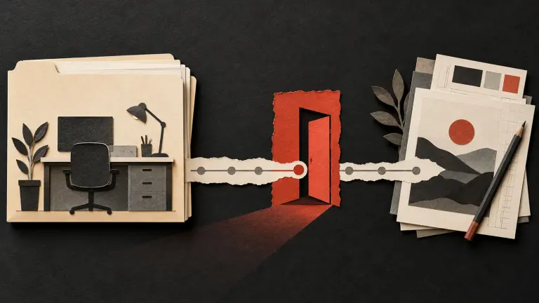 A paper timeline transitions from an ivory employment folder to a separate freelance brief