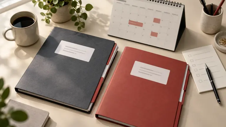 Fictional return-to-work calendar beside a flexible-working request and a separate grievance folder.