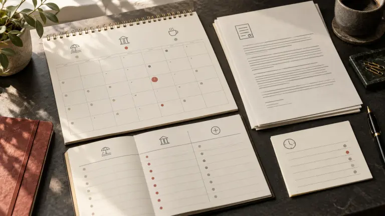 A fictional annual-leave calendar beside separate contract, leave, and time-off records.
