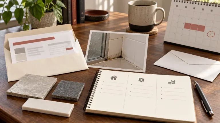 A fictional repair estimate, tile samples, shower-condition photograph and dated notebook arranged for a careful review.