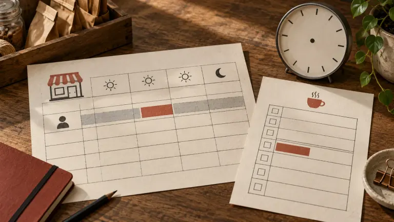 A fictional retail shift rota, break log and manager cover checklist, with no readable text.